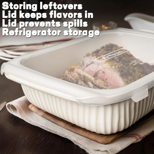 Artena Casserole Dishes For Oven, Ceramic Baking Dish, Large Lasagna Pan With Handles, Baking Pan Casserole Dish, Rectangular Bakeware Deep, White, Set Of 3 (5.1Qt/2.3Qt/1.1Qt) (Baking Dish With Lids)