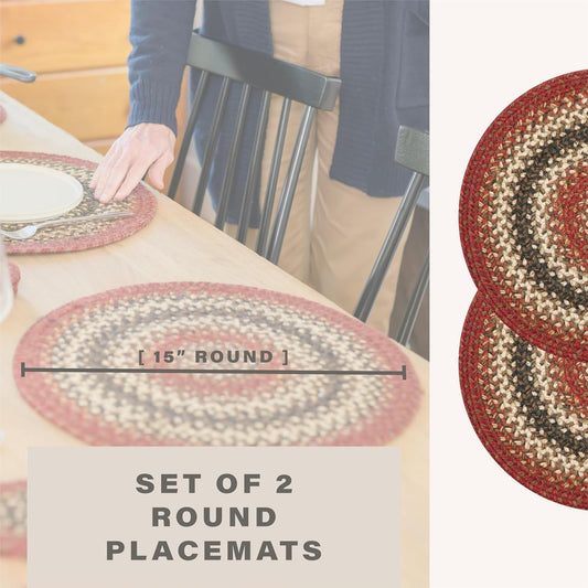 Chester Round Braided Placemats, Warm Lodge and Cabin Decor, Set of 2, 15" Red Jute Table Mats - Vibrant Colors, Durable, Easy to Clean and Protects Furniture