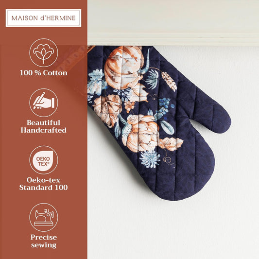 Maison d' Hermine Oven Gloves 100% Cotton Oven Mitt 7" x 13" with Loop Heat Resistant BBQ Cooking Gloves for Thanksgiving Christmas Decorations Baking Handling Hot Pans (Pack of 1, Pumpkin Blues)