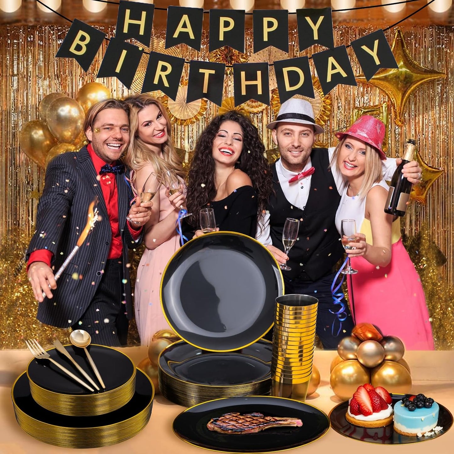 EI 180pcs Black Plastic Plates Black and Gold Disposable Plates Gold Plastic Dinnerware Set Silverware and Cups for Birthday,Wedding,Festival,Party Graduation,Halloween