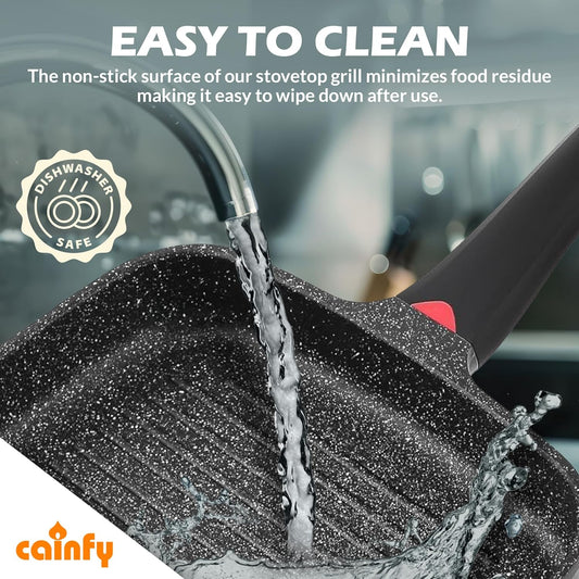 11 Inch Non Stick Grill Pan Granite Coated with Pour Spout - Lightweight 2.66 Quart Grill Pan for Indoor Cooking with Grip Handle - Induction Compatible PFOA Free Stove Top (Black)