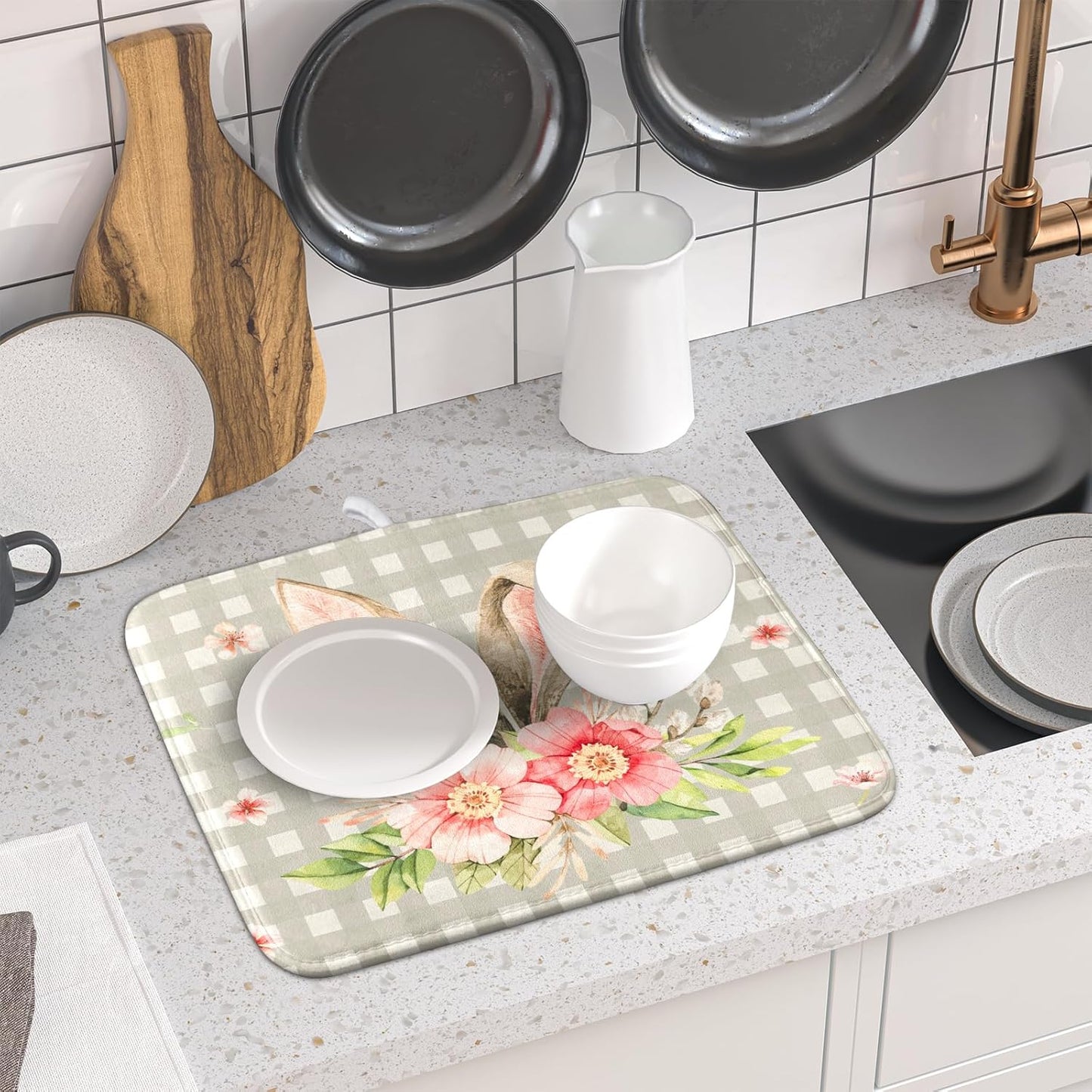 Spring Easter Dish Drying Mats for Kitchen Counter 16×18 Inch Cute Bunny Flowers Small Microfiber Drying Mat Kitchen Accessories Dish Rack Mat Drainer Pad Washable Absorbent