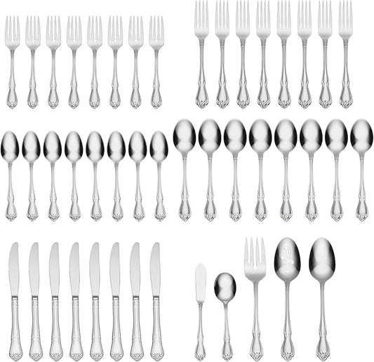 Oneida True Rose 45 Piece Everyday Flatware, Service for 8, 18/0 Stainless Steel, Silverware Set, Silver