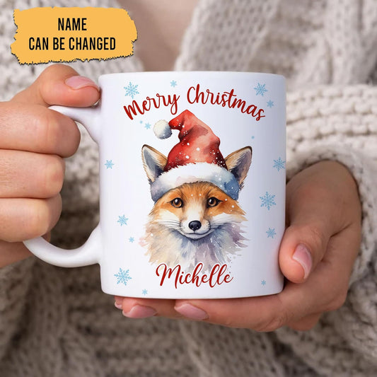Hyturtle Personalized Gifts Fox Lover - Fox Wearing Santa Hat Custom Name Ceramic Coffee Mug Cup 11oz - Cute Animal Lovers Gifts For Women, Girl kids Family On Birthday, Christmas