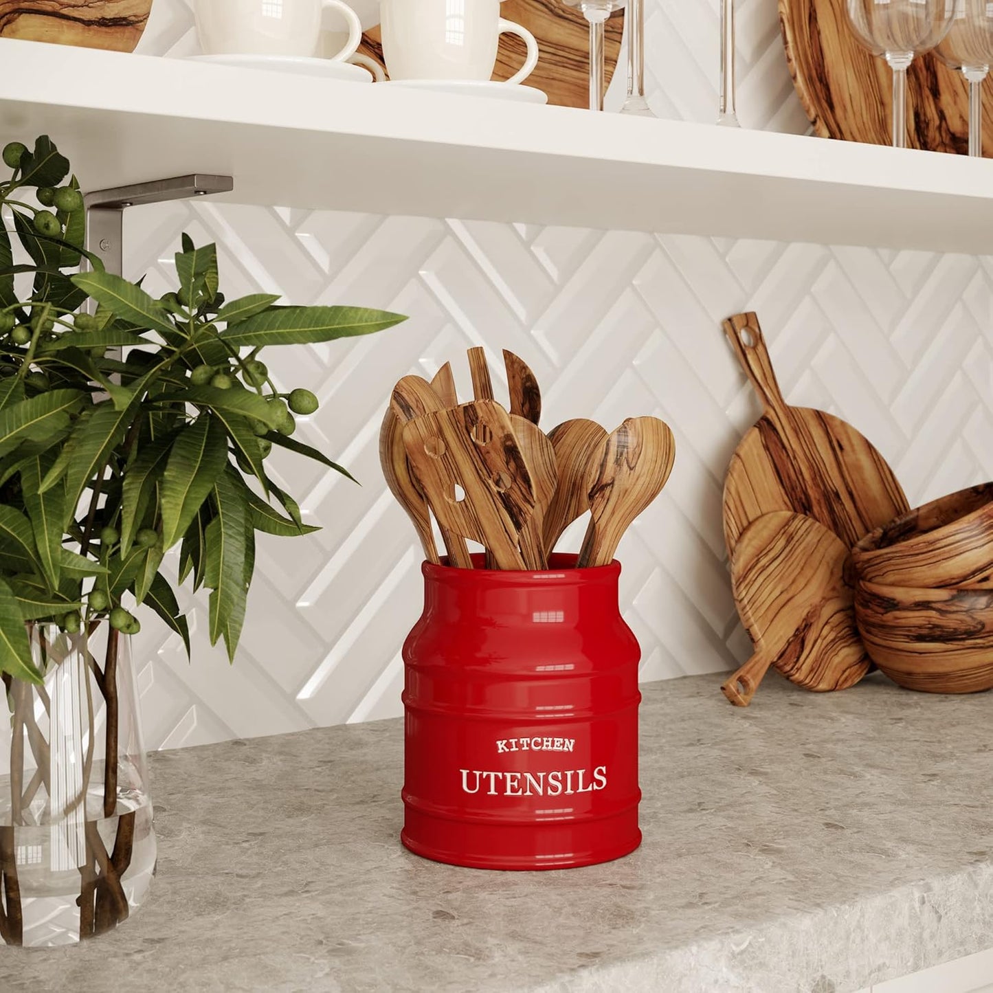 Barnyard Designs Ceramic Farmhouse Utensil Holder for Kitchen Counter, Large Rustic Utensil Crock, Countertop Cooking Tool Spatula Organizer, 6.75” (Red)