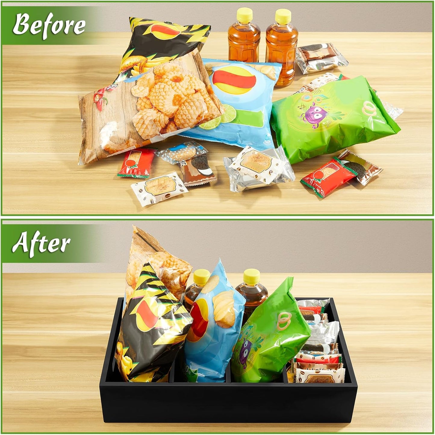 DRASTAR Snack Tray Organizer, Wooden Snack Display for Counter, Snack Bar Station, Chip Organizer for Pantry Shelf, Snack Basket Organizer, Kitchen Office