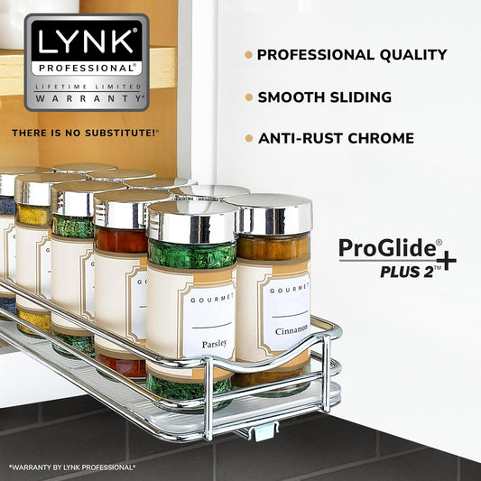LYNK PROFESSIONAL® Pull Out Spice Rack Organizer for Inside Kitchen Cabinets - 4-1/4 inch Wide - Slide Out Drawer – Chrome Sliding Spice Cabinet Organization Shelf Racks - 1 Tier