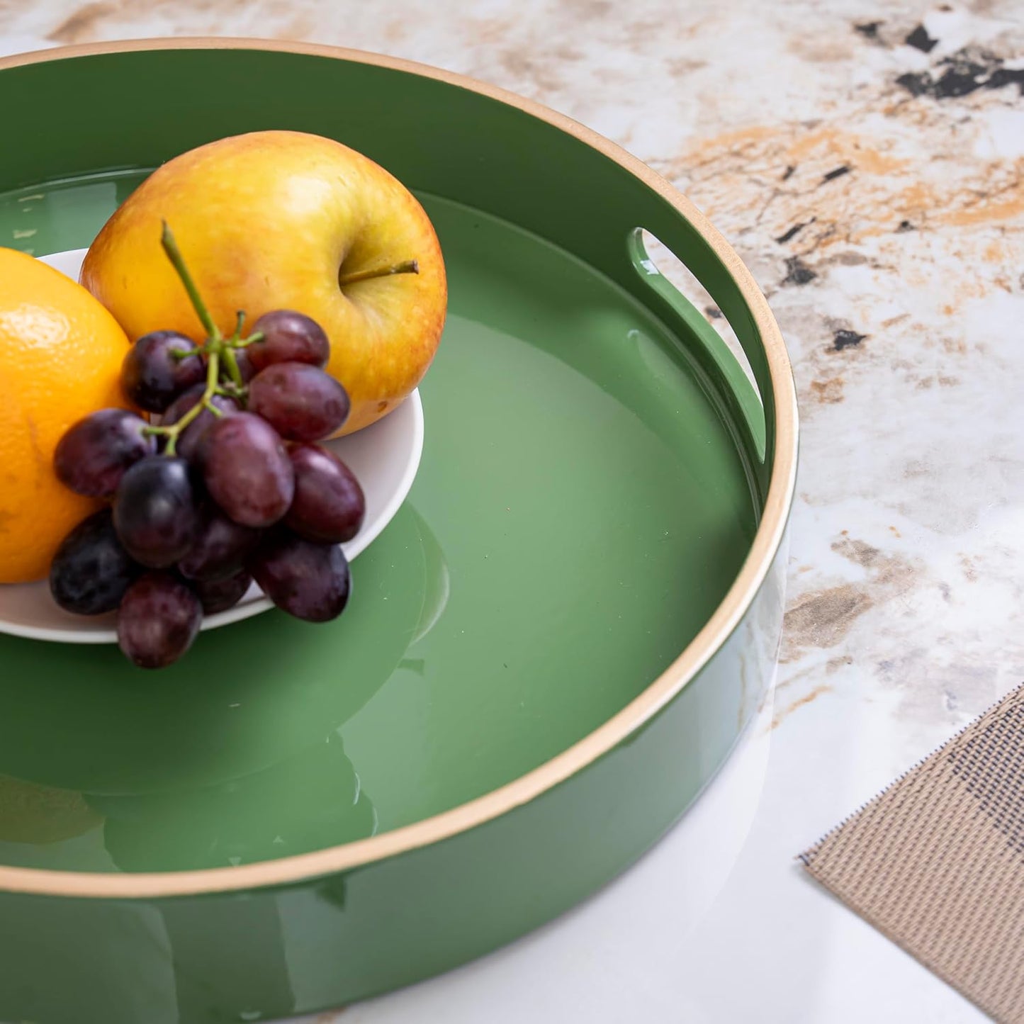 PEMAR 12.6" Round Lacquer Serving Tray with Insert Handle Decorative Basket Tray for Breakfast, Dinner, Coffee Table Decor (Green)