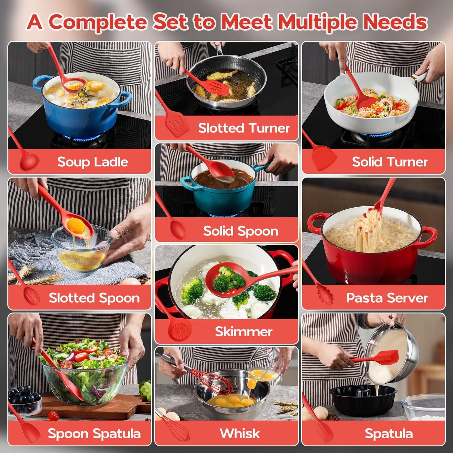 Onader 10 Pieces Cooking Utensils Set, Red Silicone Kitchen Utensils Set for Cooking, Non Toxic & Heat Resistant