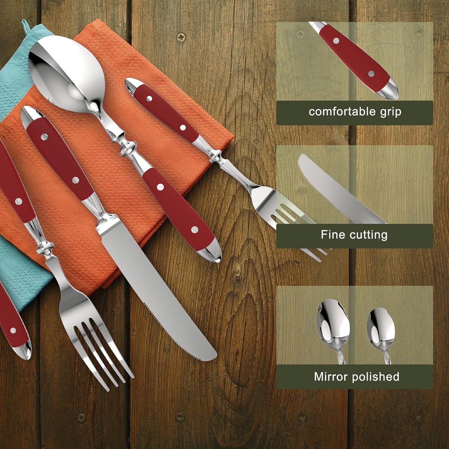 5-Piece Silverware Set Stainless Steel Flatware Set Service for 1 Vintage Cutlery Set with Red Color Bakelite Handle Dishwasher Safe