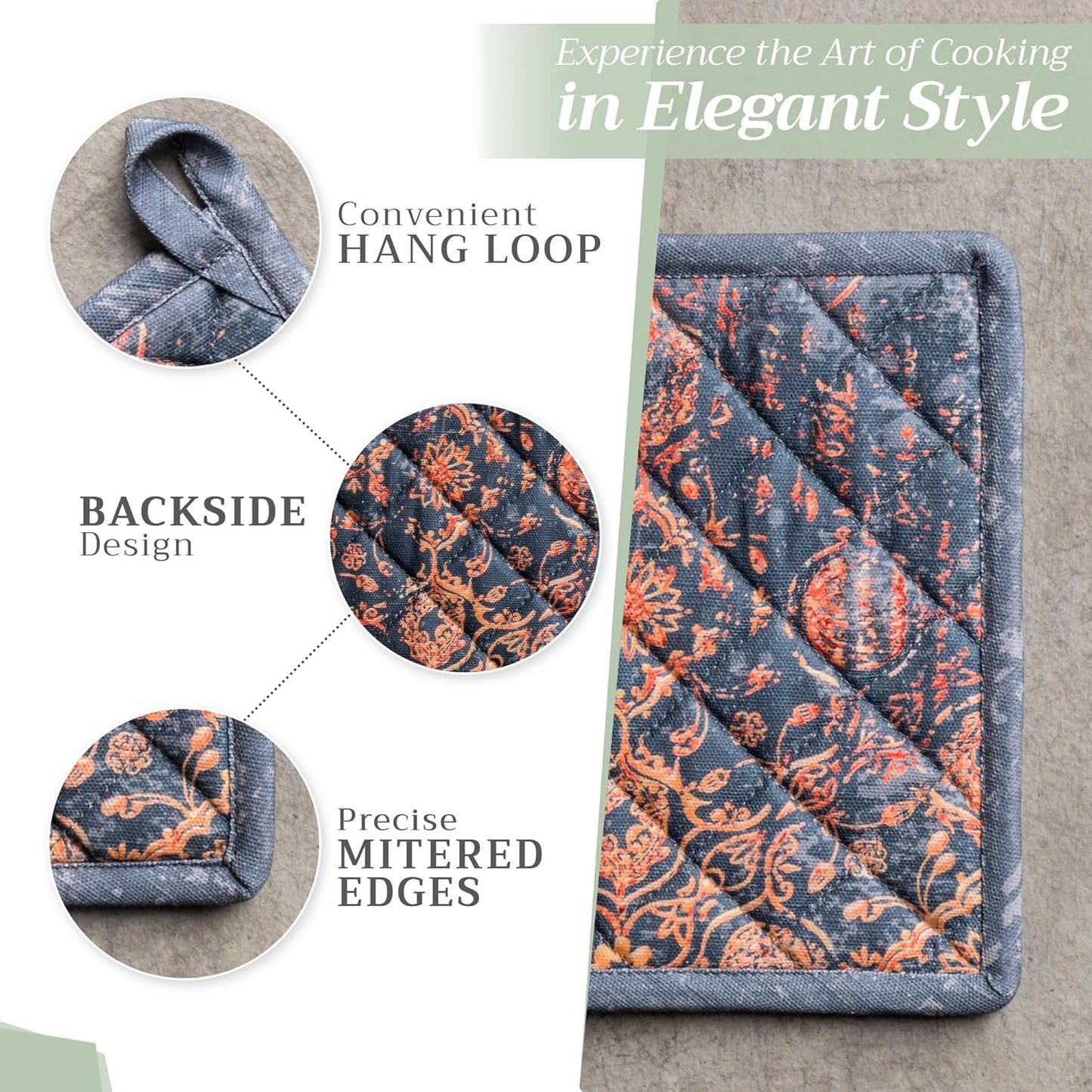 Maison d' Hermine 100% Cotton Oven Mitt & Pot Holder Set (7.5"x13" & 8"x8") Heat Resistant BBQ Cooking Gloves with Loop for Thanksgiving Christmas Decorations Handling Hot Pans (Imperfection)