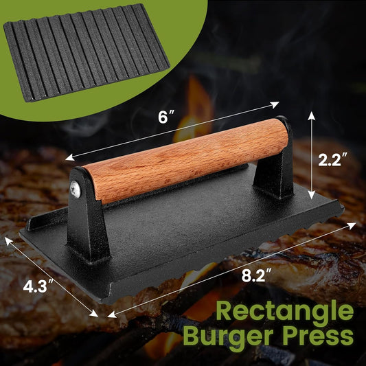 Burger Press, 8.3”X4.3” Rectangle Heavy-Duty Cast Iron Smash Burger Press Griddle Accessories with Heat Resistant Wood Handle for Blackstone Griddle, Ideal for Panini, Steak & Sandwiches