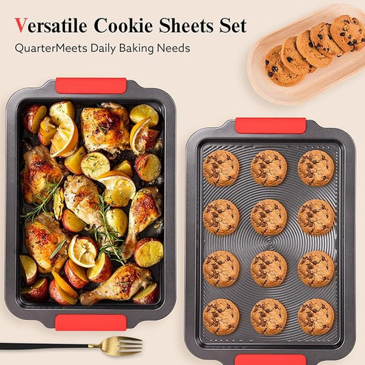 Baking Pans Set with Circle Grooves, 2-Piece 16x11in Nonstick Cookie Sheets for Baking & Roasting, Baking Sheet with Red Grips, PFAS/PTFE Free,Gray