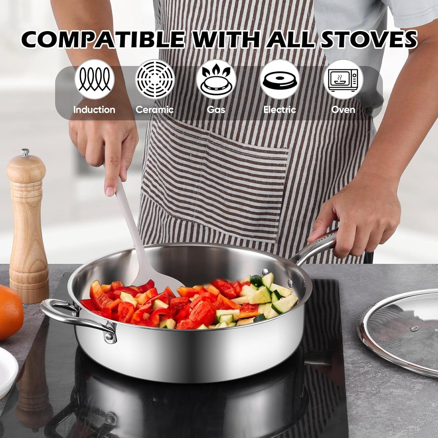 E-far 12 Inch Deep Frying Pan with Lid, 6 Quart Tri-Ply Stainless Steel Saute Pan, Kitchen Skillet, Healthy Non-toxic Cooking Pan for Induction Ceramic Gas Stoves, Heavy Duty, Oven & Dishwasher Safe