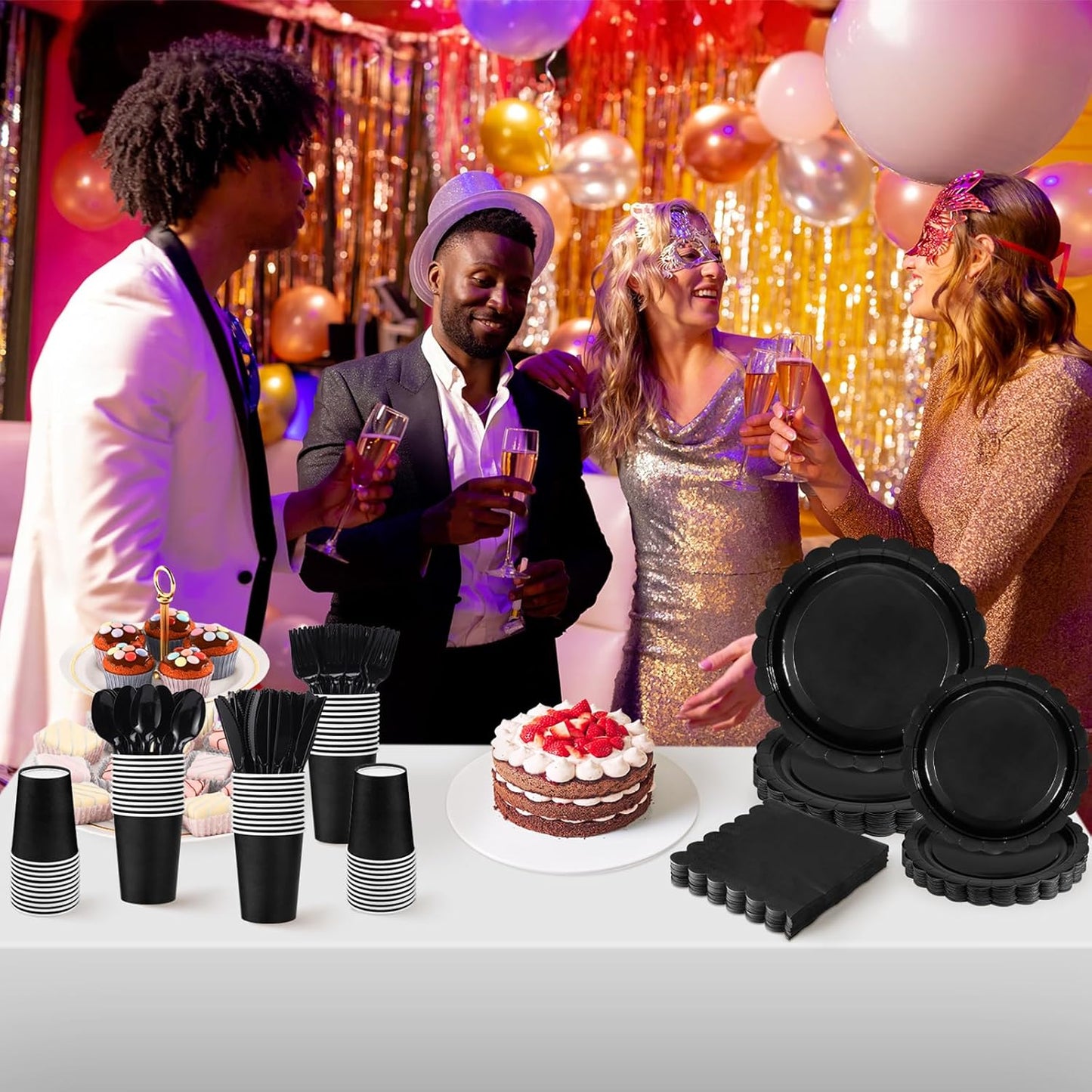 350 Pcs Black Paper Plates and Napkins, 25 Guest Black Birthday Party Supplies Includes Scalloped Party Plates Napkins Cups Plastic Spoons Forks Knives for Birthday, Wedding, Halloween