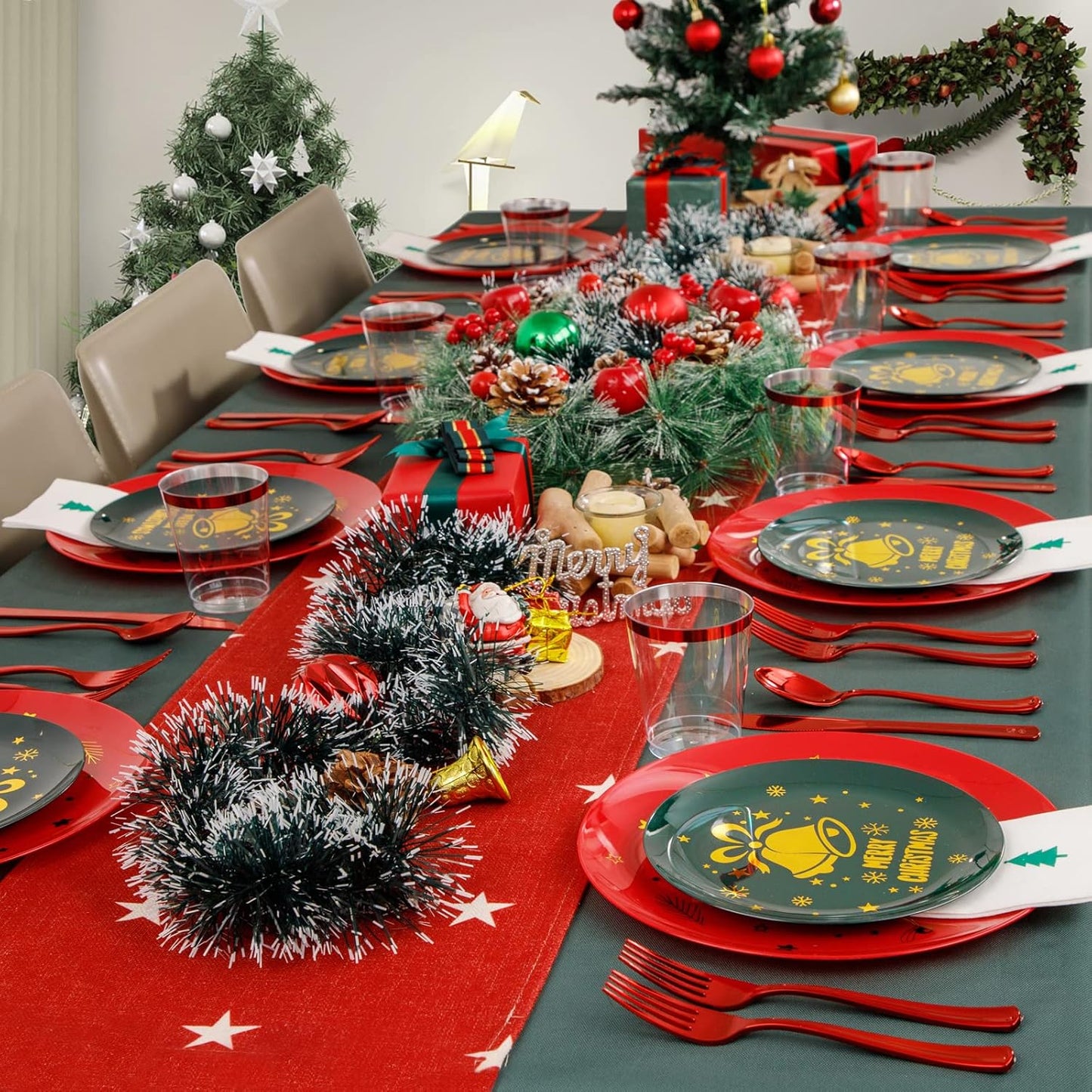 WDF 175pcs Christmas Plates Plastic Disposable - 25Green Plates 25Red Plates with Gold Bells, 75Red Plastic Silverware, 25Clear Cups Red Rim and 25Christmas Tree Napkins for Parties