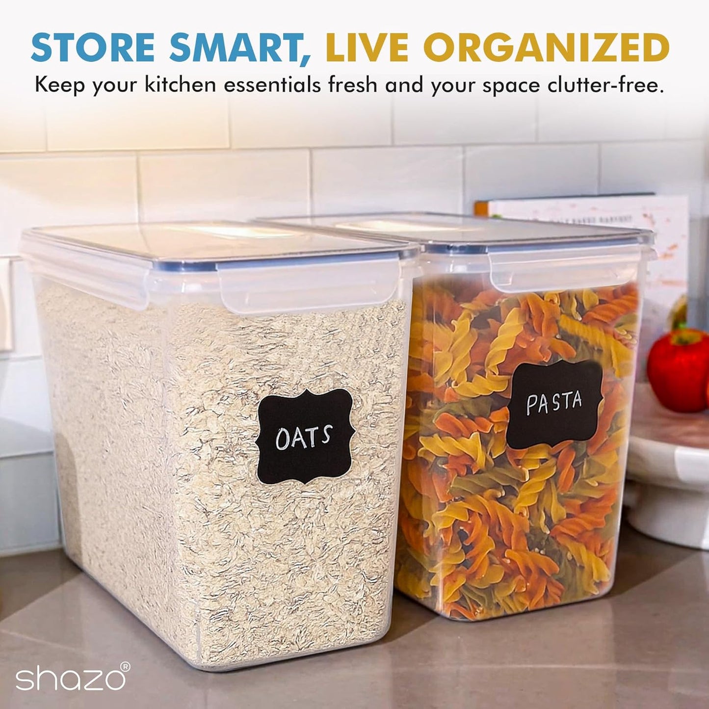 Shazo 2 PC (11L | 372 oz) Flour Sugar Storage Containers with Easy Carry Handle - Plastic Extra Large Food Storage Containers with Lids for Rice Cereal, BPA Free & Airtight Kitchen Pantry Organization
