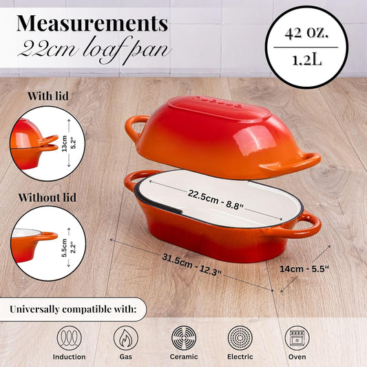 Dutch Oven For Sourdough Bread Baking – Enamelled Cast Iron Bread Loaf Pot – Oven Safe Non Stick Bread Pot – Rectangular, Orange, 24cm x 16cm – by Nuovva