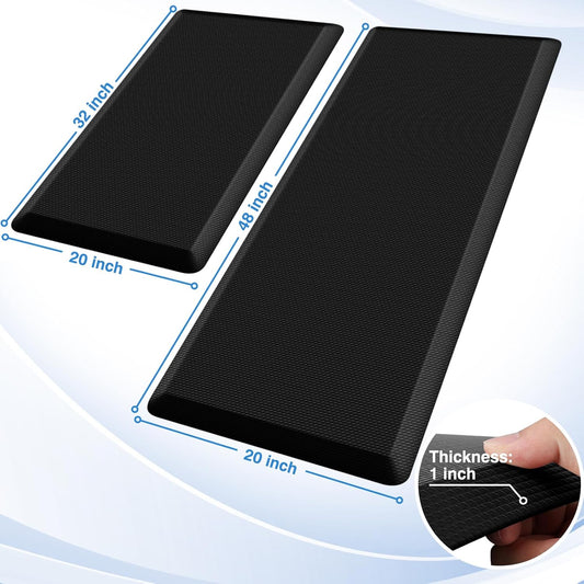 StepRite Kitchen Mats, 2PCS Kitchen Rugs, Cushioned Anti Fatigue Kitchen Mats for Floor, Non-Slip Standing Desk Mat, Waterproof Kitchen Rug Set for Kitchen, 20" x 32"+20" x 48"-Full 1 inch Thick,Black