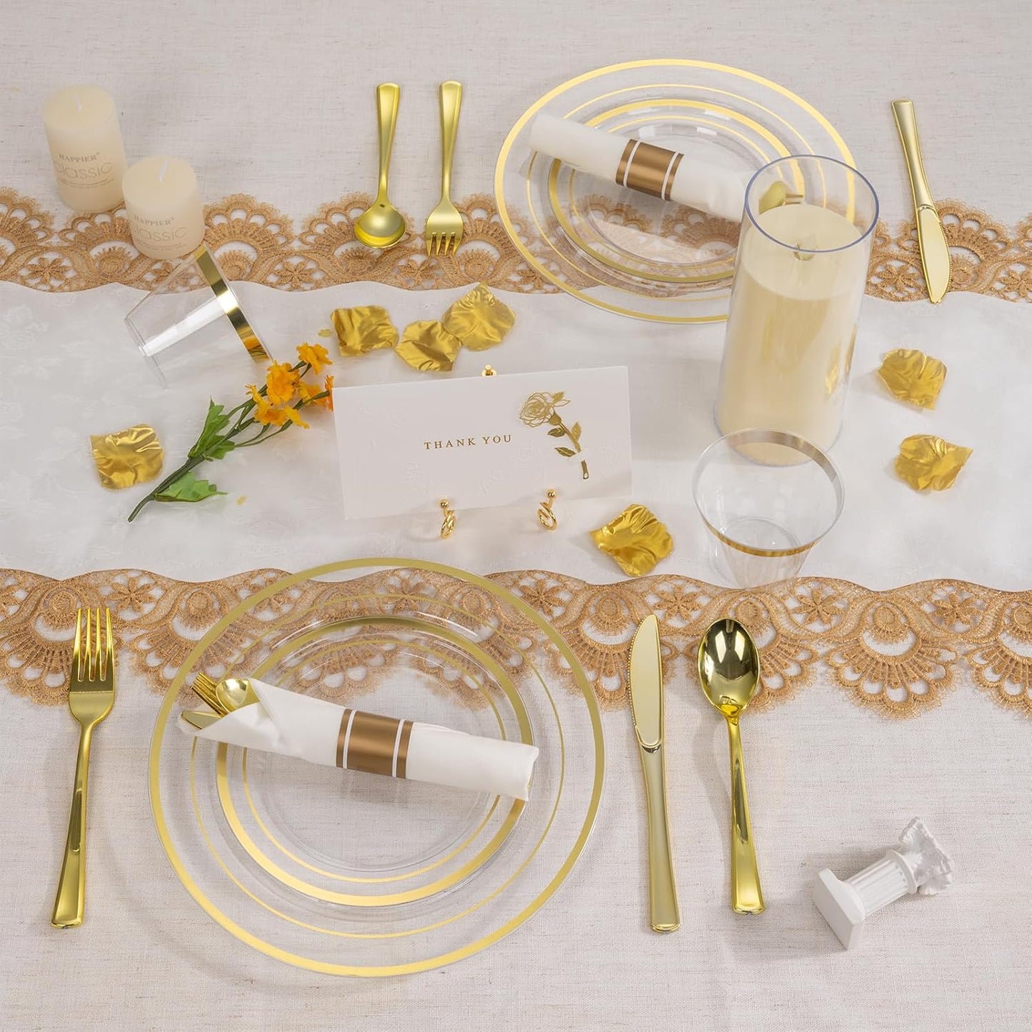 350 PCS Transparent Base With Gold Edge Plastic Dinnerware Set for 50 Guests, 100 Plates for Party, 50 Pre Rolled Napkins with Gold Silverware, 50 Cups