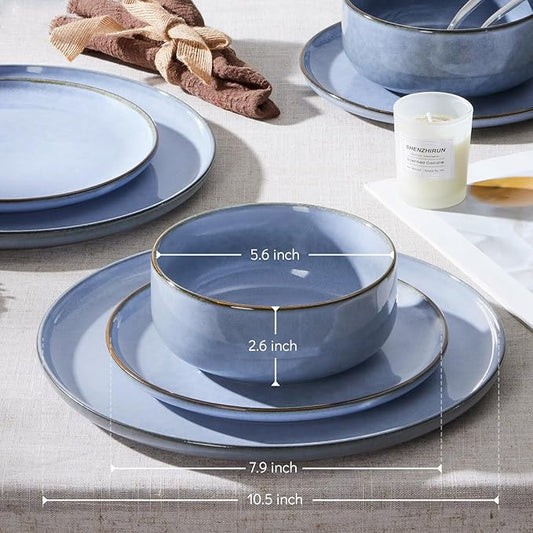 E-far Dinnerware Sets for 6, 18-Piece Plates and Bowls Set, Reactive Glaze Dishes, Stoneware Dinning Ware Set, Microwave & Dishwasher Safe - Ocean Blue