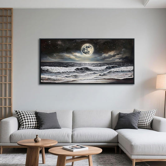 QZQCBLC Large Black Ocean Wall Art, White Sea Waves Moon Starry Clouds Canvas Print Paintings Artwork Beach Landscape Pictures for Living room Bedroom Home Office Wall Pictures Decor 24x48 IN