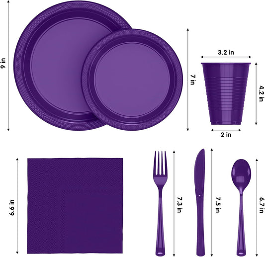 Party Solids 350 Pieces Purple Plastic Plates For Party, Purple Disposable Plates Set, 50 Of Each 9" Dinner Plate Set, 7" Dessert Plate, Cups, Napkins & Cutlery Plastic Dinnerware