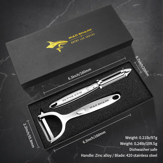 MAD SHARK Ultra Sharp Vegetable Peelers for Kitchen Fruit Apple Potato Peelers,Design with Ergonomic Non-Slip Handle, Y+I Shaped Stainless Steel Serrated(2pc)