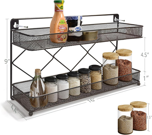 2 Tier Metal Kitchen Counter-top or Wall Mount Spice Rack, Jars Storage Organizer, Cabinet Holder, spice seasoning organizer for Partry (Bronze)