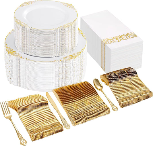 Ciaell 300PCS White and Gold Plastic Plates - Gold Disposable Dinnerware Sets for 50 Guests - 100 Plates, 50 Knives, 50 Forks, 50 Spoons, and 50 Napkins for Wedding, Anniversary, Party & Thanksgiving
