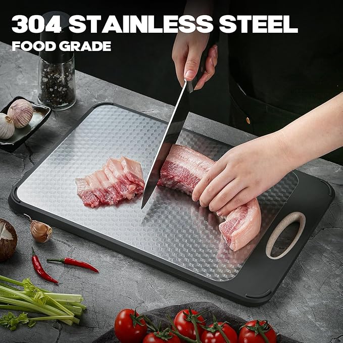 Stainless Steel Cutting Board, Double-Sided Chopping Boards Scratch Resistant Mesh Design, Stainless Steel & Wheat Straw PP Non Toxic Cutting board for Kitchen Meat Vegetables (Large, 16”x11”)