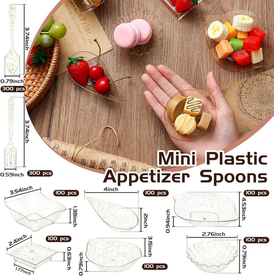Tessco 1200 Pcs Mini Appetizer Plates Set Including 600 Pcs 6 Shapes Disposable Mini Dessert Cups 300 Spoons 300 Forks for Party Wedding Pudding Ice Cream(Gold)