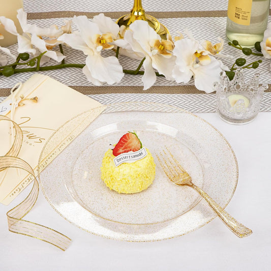 I00000 600Pcs Gold Glitter Plastic Plates for 100 Guests, Plastic Dinnerware Set of 100 Glitter Disposable Plates, 100 Dessert Plates, 200 Forks, 100 Knives and 100 Spoons Perfect for Party & Wedding