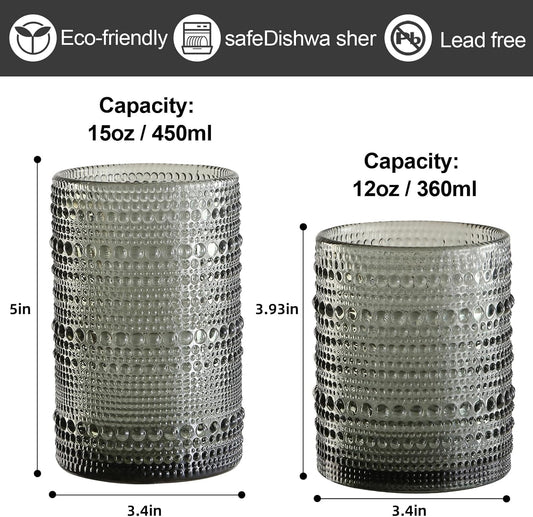Vintage Hobnail Drinking Glasses Set of 8,Grey 12 oz & 15oz Highball Glass Cups, Kitchen Drinkware Glassware,Embossed Water Tumbler,for Beer,Cocktail,Whiskey,Juice and Various Mixed Drinks