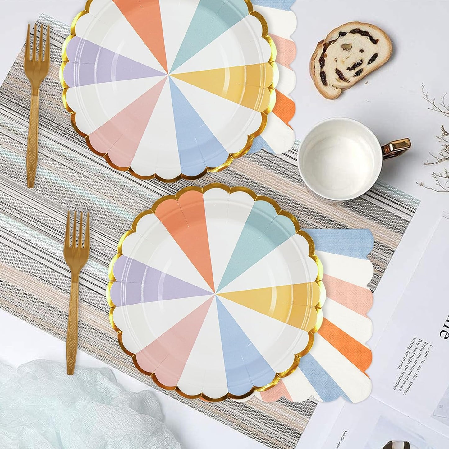 72PCS Colored Paper Plates and Napkins Party Supplies, Gold Foil Edge Scalloped Striped Pastel Plates Napkins Disposable Tableware Set for Birthday Wedding Baby Shower Graduation Party Decoration