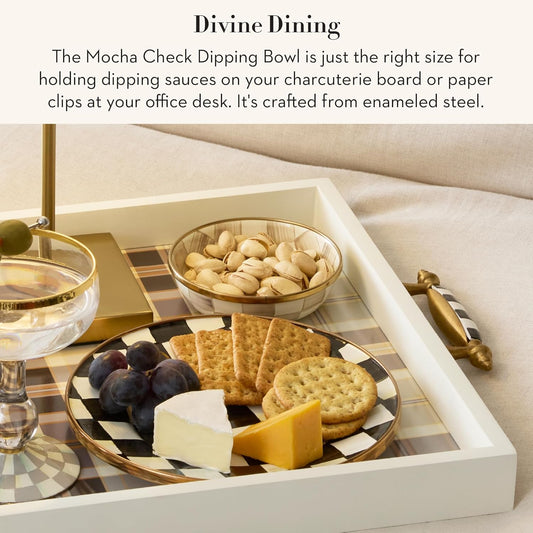 MACKENZIE-CHILDS Enamel Dipping Bowl, Small Serving Bowl for Entertaining, Brown-and-White Mocha Check