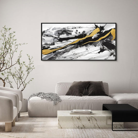 XLSJERST Black and White Abstract Wall Art - Large Frame Canvas Wall Art for Living Room Bedroom Modern Gold Ink Painting Style Picture Artwork for Wall Decor Size 24x48 Inches