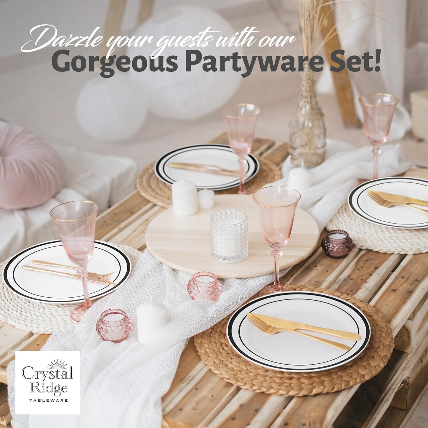 60 Pieces White Plastic Disposable Plates - Premium Heavy-Duty 30 Dinner Plates & 30 Salad Plates with Black Rim Ideal for Party, Birthday and Special Events