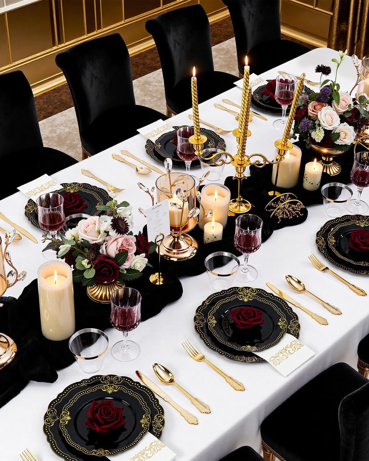 Ciaell 175 PCS Black and Gold Plastic Plates - Black Disposable Dinnerware Set with 50 Plates, 25 Knives, 25 Forks, 25 Spoons, 25 Cups, 25 Napkins for Halloween, New Year’s Day, Parties and Weddings