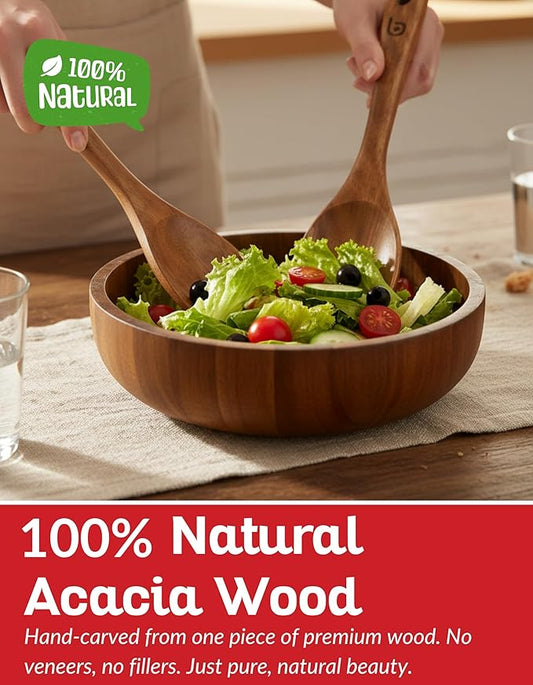 Boxiki Kitchen Acacia Wood Salad Bowl Set of 3 (7.5-Inch) – Wooden Salad Serving Bowl with Spoon & Slotted Spatula, Durable Acacia Mixing Bowl for Salad, Pasta & Fruit
