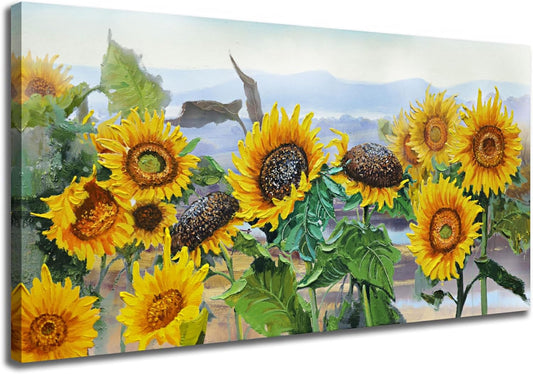 Ardemy Sunflower Wall Art Canvas Flowers Yellow Picture Rustic Floral Field Landscape Painting, Countryside Framed Artwork for Living Room Bedroom Dinnng Room Office Home Decor, Extra Large 58"x29"