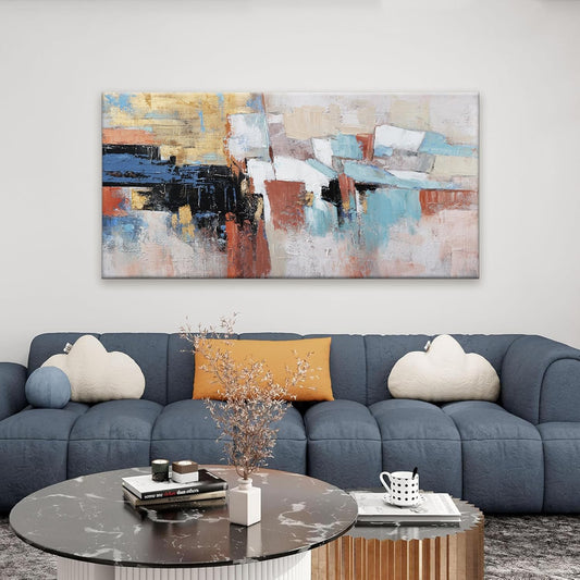 Canvas Wall Art Decor Large Wall Art For Living Room Abstract Art Blue Canvas Art Work Gold Wall Art Decor Colorful Abstract Wall Art Prints For Bedroom Office Kitchen Wall Decor 24" x 48"