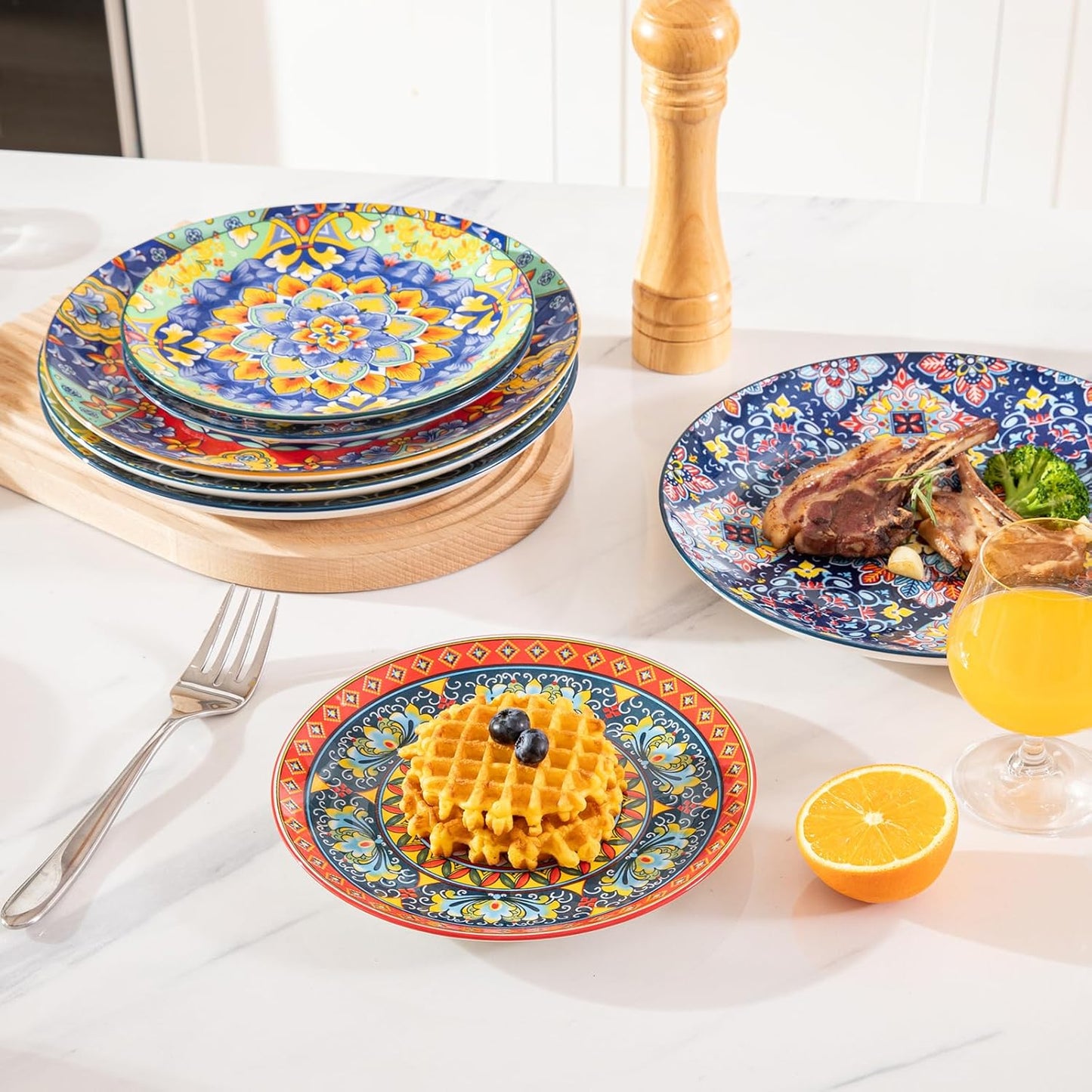 Sweejar Dinner Plates 10.5 Inch,Ceramic Large Plates Set of 6,Bohemian Style Colorful Plate Dishwasher and Microwave Safe Round Porcelain Dessert Plates for Kitchen
