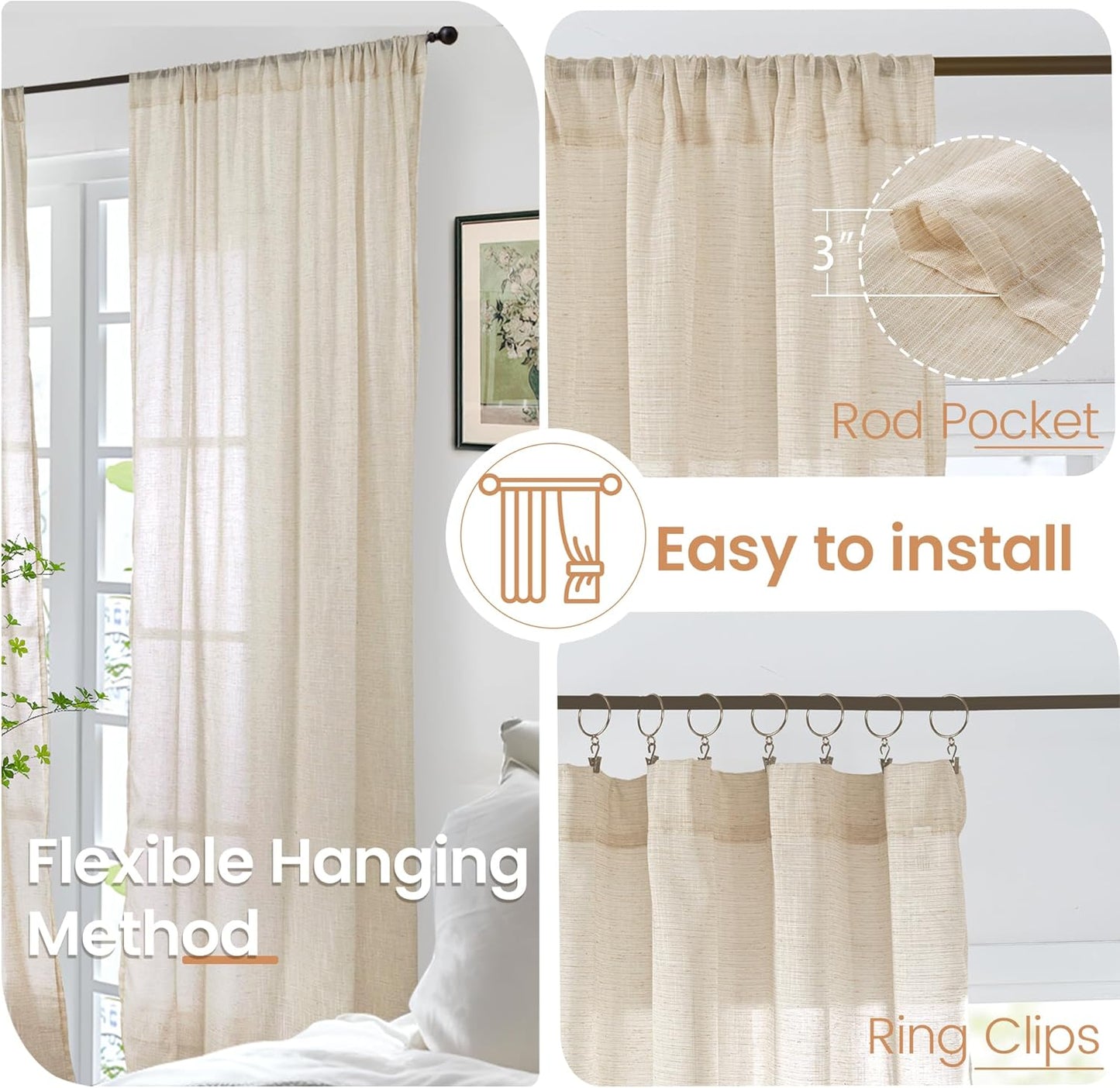 BGment Natutal Linen Cafe Curtains 30 Inch Length, Farmhouse Kitchen Window Drapes Semi Sheer with Rod Pocket Lightweight Textured for Bathroom Over Sink Decor, 2 Panels Set, 30 Inch Wide