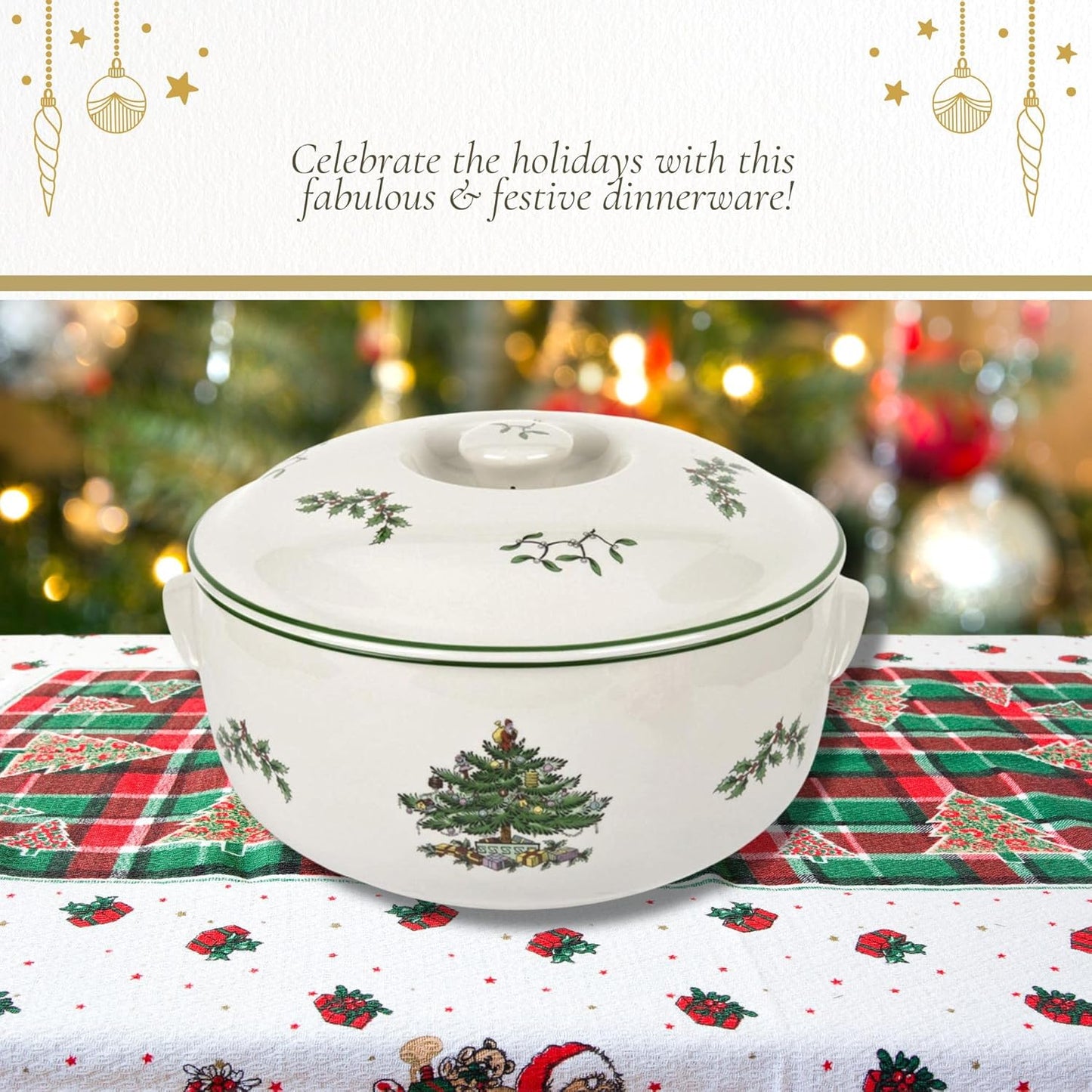 Spode Christmas Tree Round Covered Deep Casserole Dish (8.75" x 5") - Festive Holiday Serveware & Vintage Christmas Table Centerpiece - Fine Earthenware Classic Holiday Bakeware
