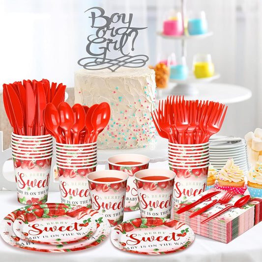 Dandat 350 Pcs Baby Shower Plates Set Baby Shower Party Supplies Serves 50 Tableware Sets Include Plates Napkin Cup Forks Knives Spoons Disposable Dinnerware(Strawberry,Red)