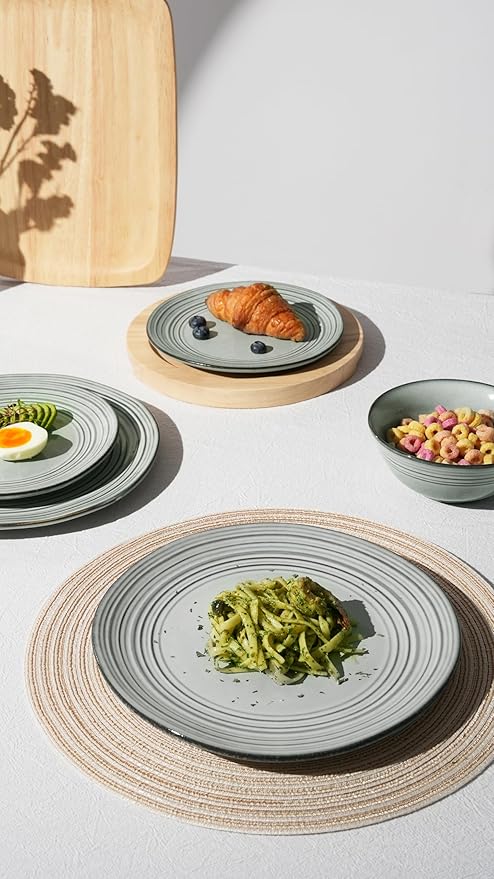 Famiware Plates and Bowls Sets 24-Piece Stoneware Dinnerware Sets, Dishes Set for 8, Hand-made Reactive Glaze Dish Set, Twilight Series, Ashy Blue