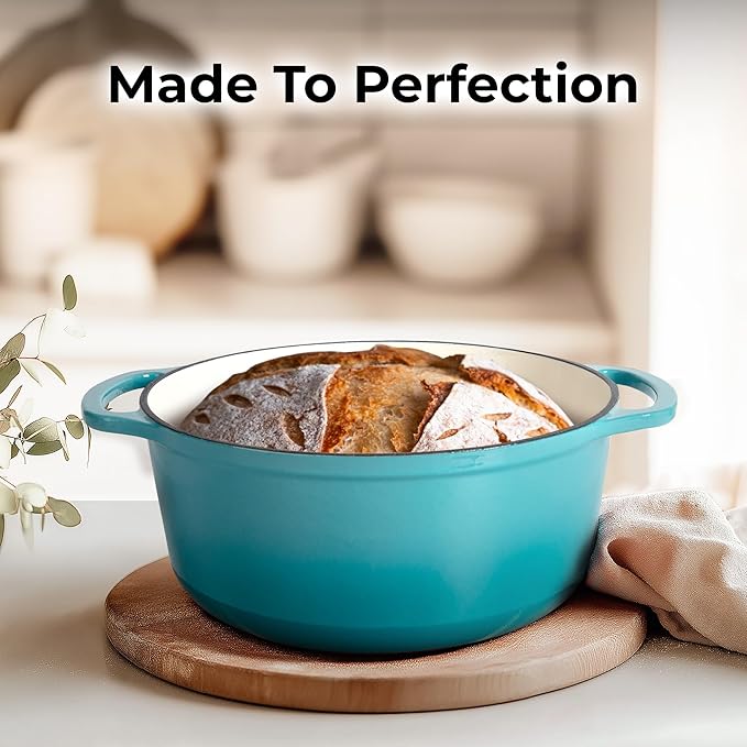 Zulay Kitchen 6 Quart Enameled Cast Iron Dutch Oven with Lid – Premium Durability & Oven Safe up to 500°F – Heavy Duty Cookware Perfect for Bread Baking, Stews, Braising & Roasting – Light Blue