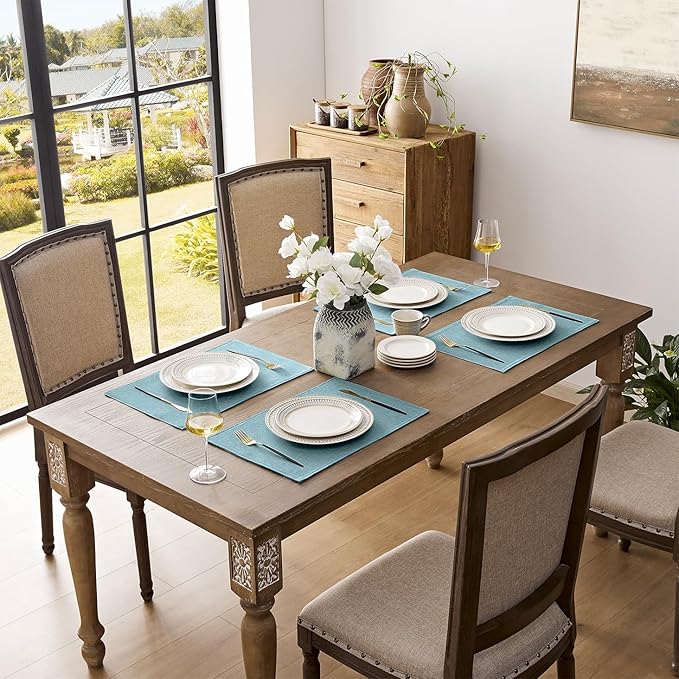 Romanstile Cloth Placemats Set of 4-12 x 18 Inch, Heat Resistant Double Layered Thickened Burlap Place Mats, Washable Linen Farmhouse Table Mats for Kitchen/Dining/Party/Outdoor, Teal