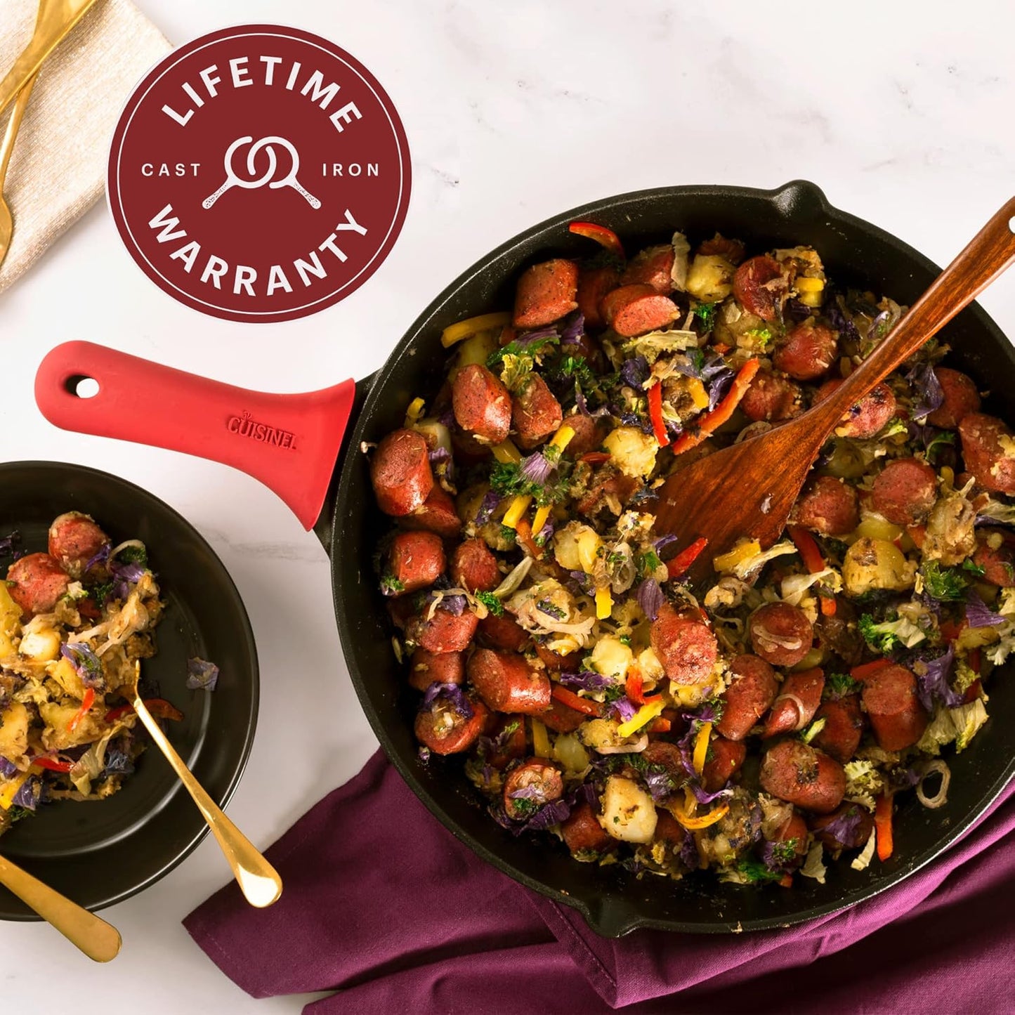 Cuisinel 15" Cast Iron Skillet + Glass Lid Cover + Black Pan Scraper + Silicone Handle Grip Cover - Pre-seasoned Kitchen Cookware - Indoor/Outdoor - Camping, Grilling, BBQ, Oven Use